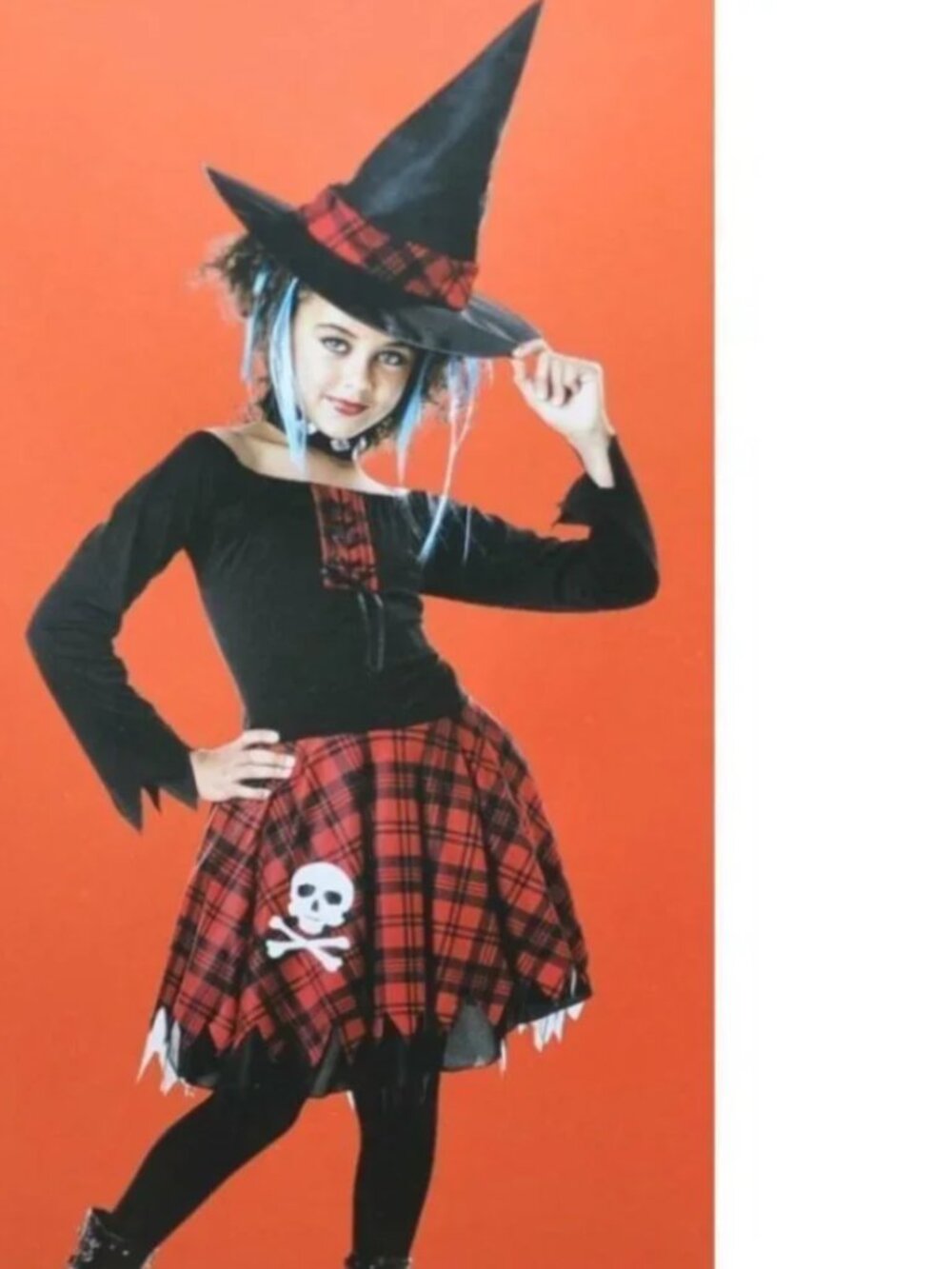 Witch Halloween Costume 10/12 Punky Red Black Dress, Hat, Choker 3 Pc Girls